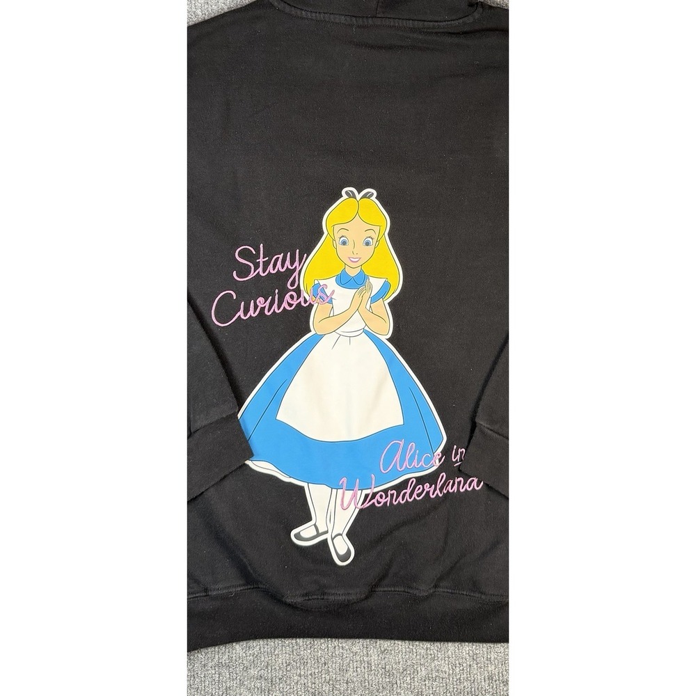 Disney Alice‎ In Wonderland Hoodie Womens Medium Black Stay Curious Pullover - Picture 7 of 7